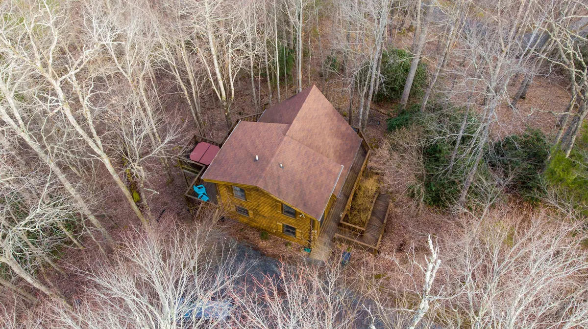 A wide exterior view of Mimi’s Cottage featuring its wooden facade and a spacious deck surrounded by lush, mature trees. The setting feels private and immersed in nature, perfect for relaxing or outdoor activities before or after exploring the nearby trails.